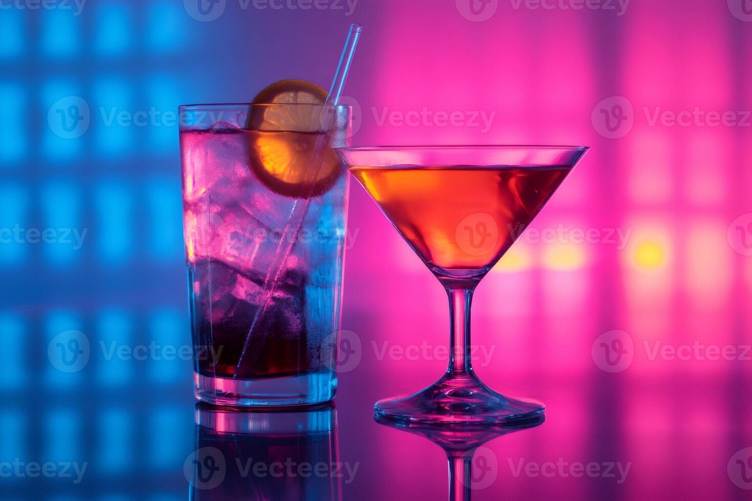 Colorful cocktails reflecting on bar counter in neon light photo