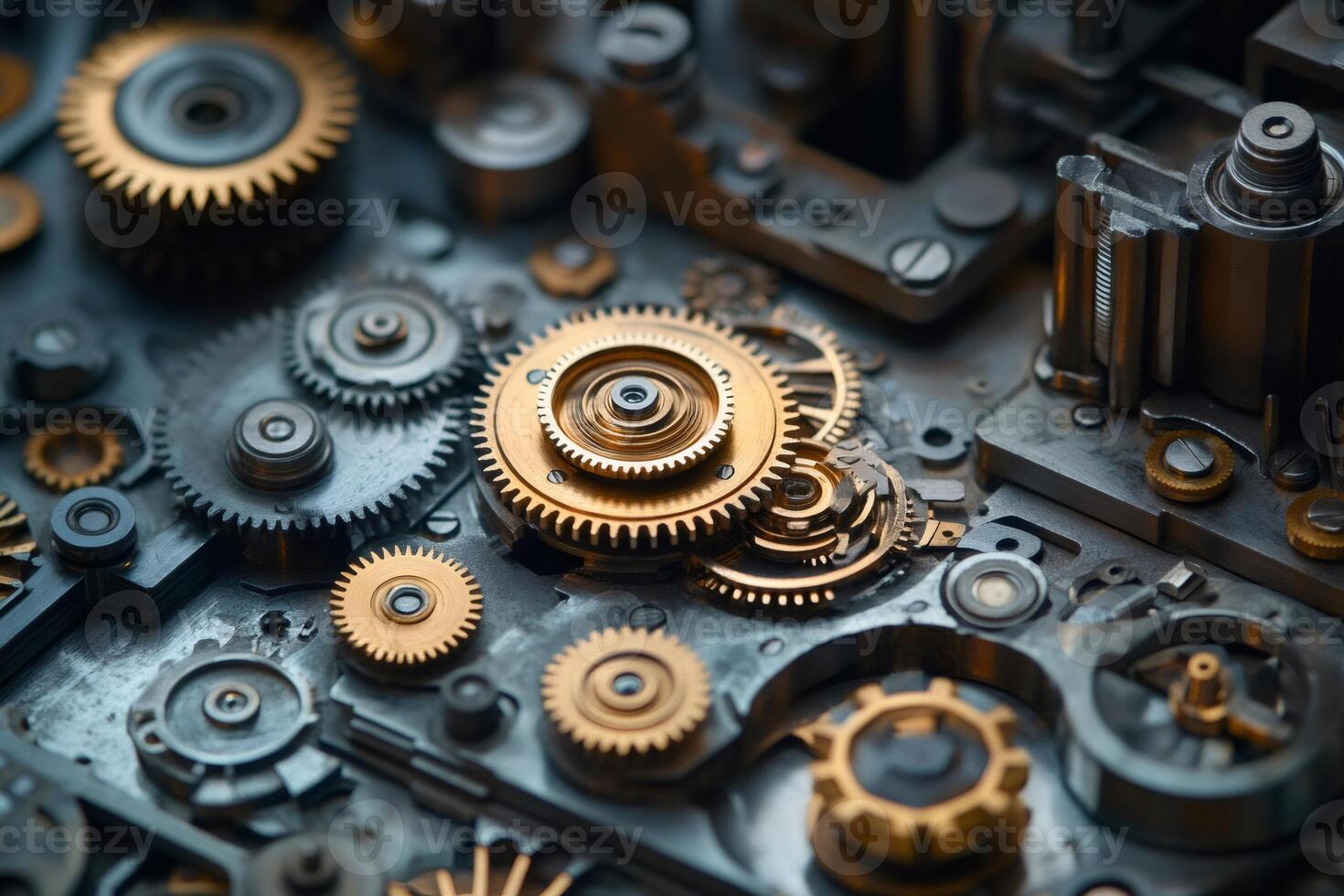 Close up view of intricate clockwork mechanism with gears rotating smoothly photo