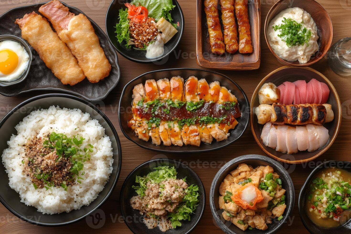 Japanese food set served on a wooden table, featuring grilled chicken, fried fish, rice, and various side dishes photo