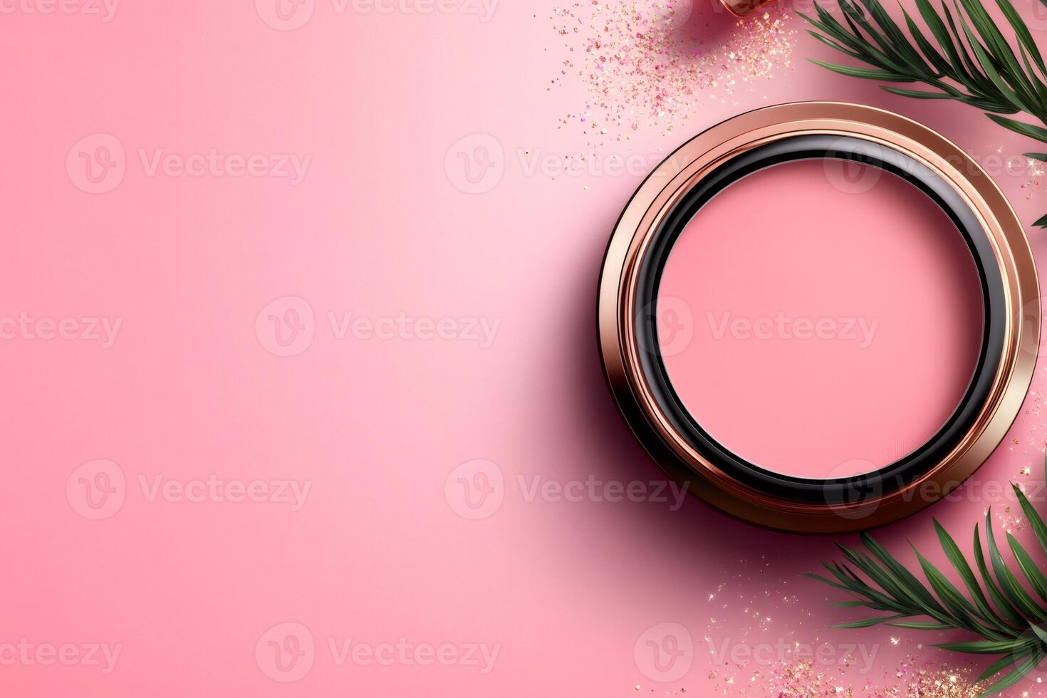 Pink blush palette mockup on pink background with glitter and palm leaves photo