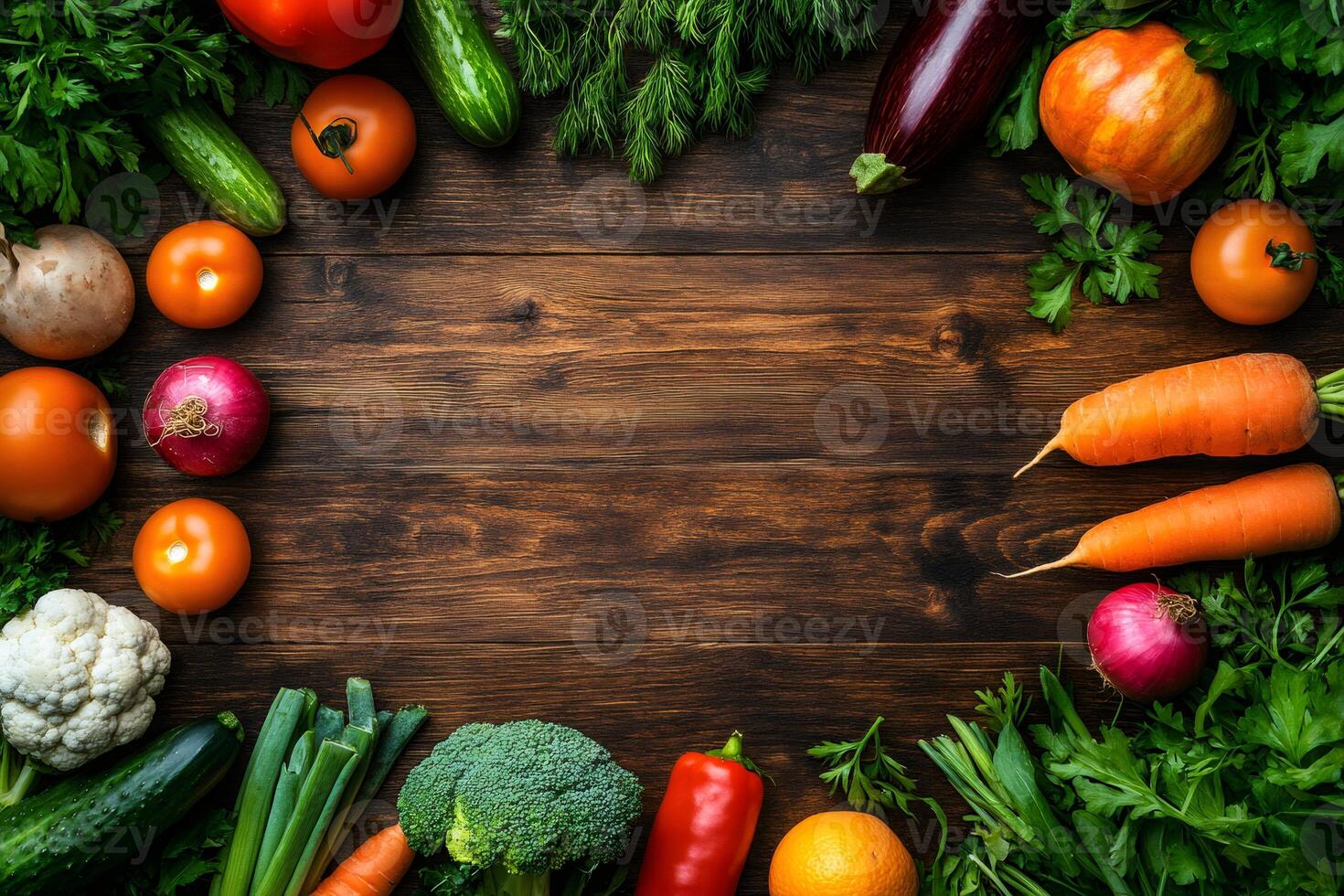 Fresh vegetables and herbs creating frame on rustic wooden table photo