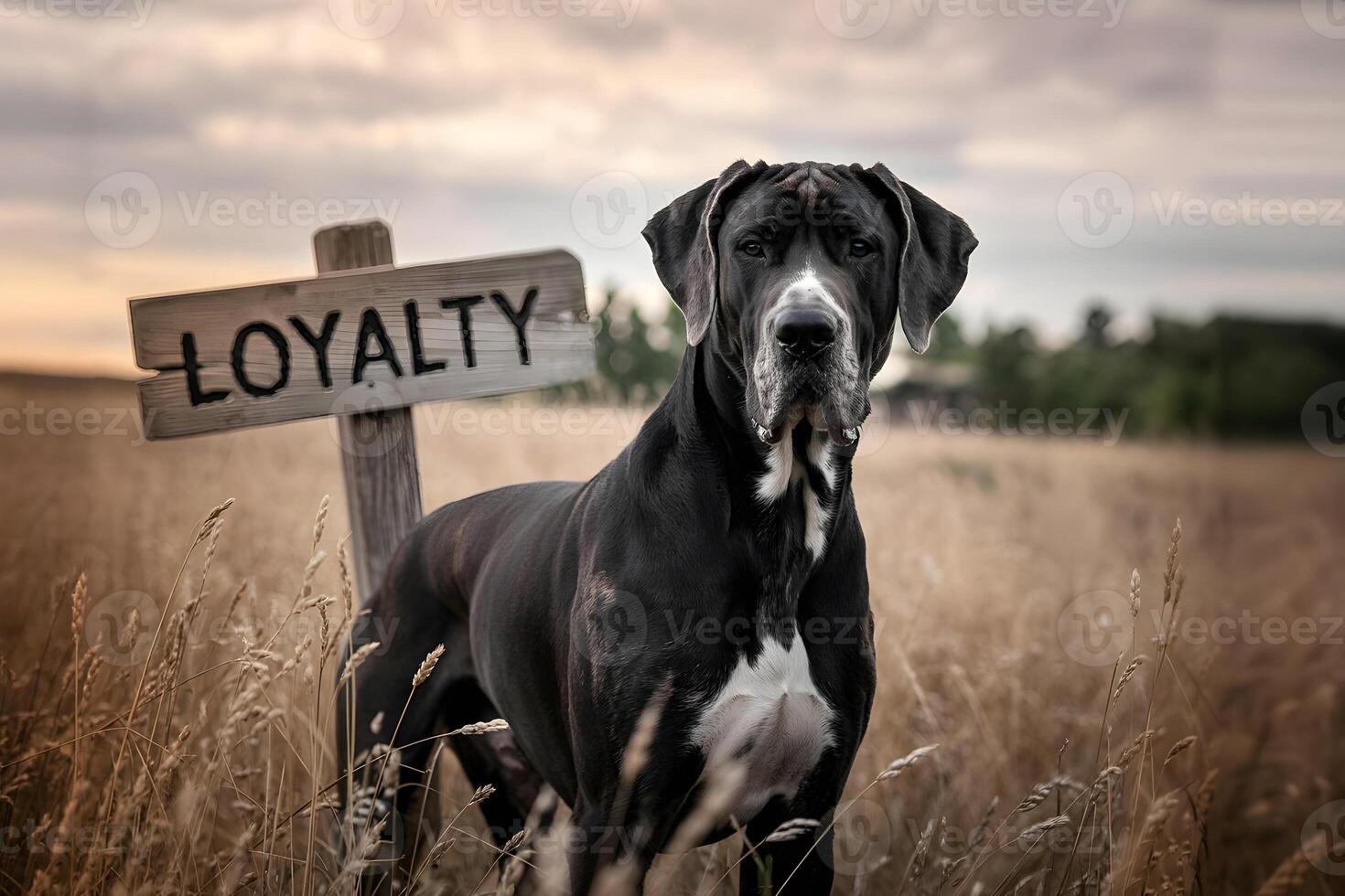 Loyal great dane standing by loyalty sign in wheat field photo
