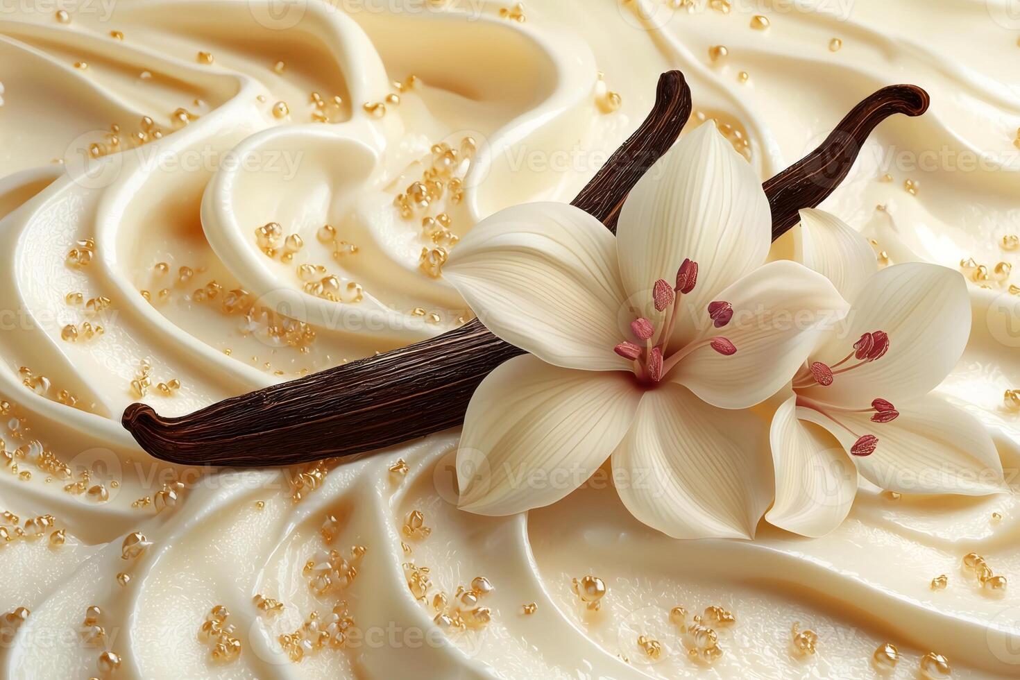 Vanilla pods and flowers flavoring smooth, creamy vanilla frosting photo
