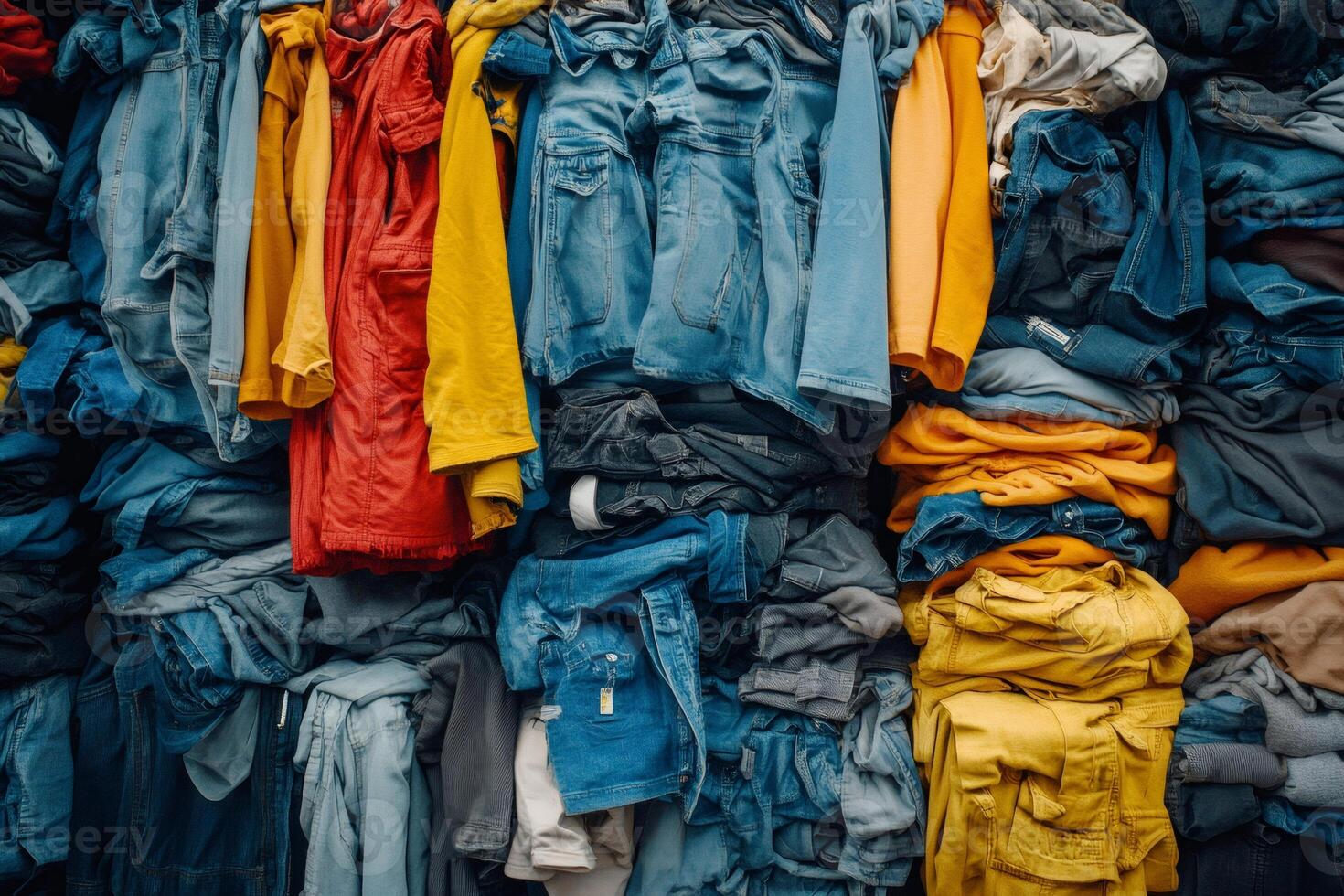 Large pile of colorful used clothes garments ready for recycling photo