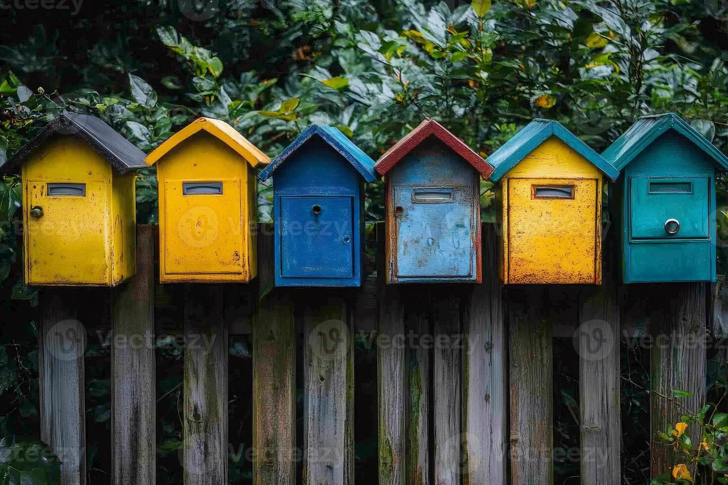 Colorful mailboxes hanging on a wooden fence in a rural setting photo