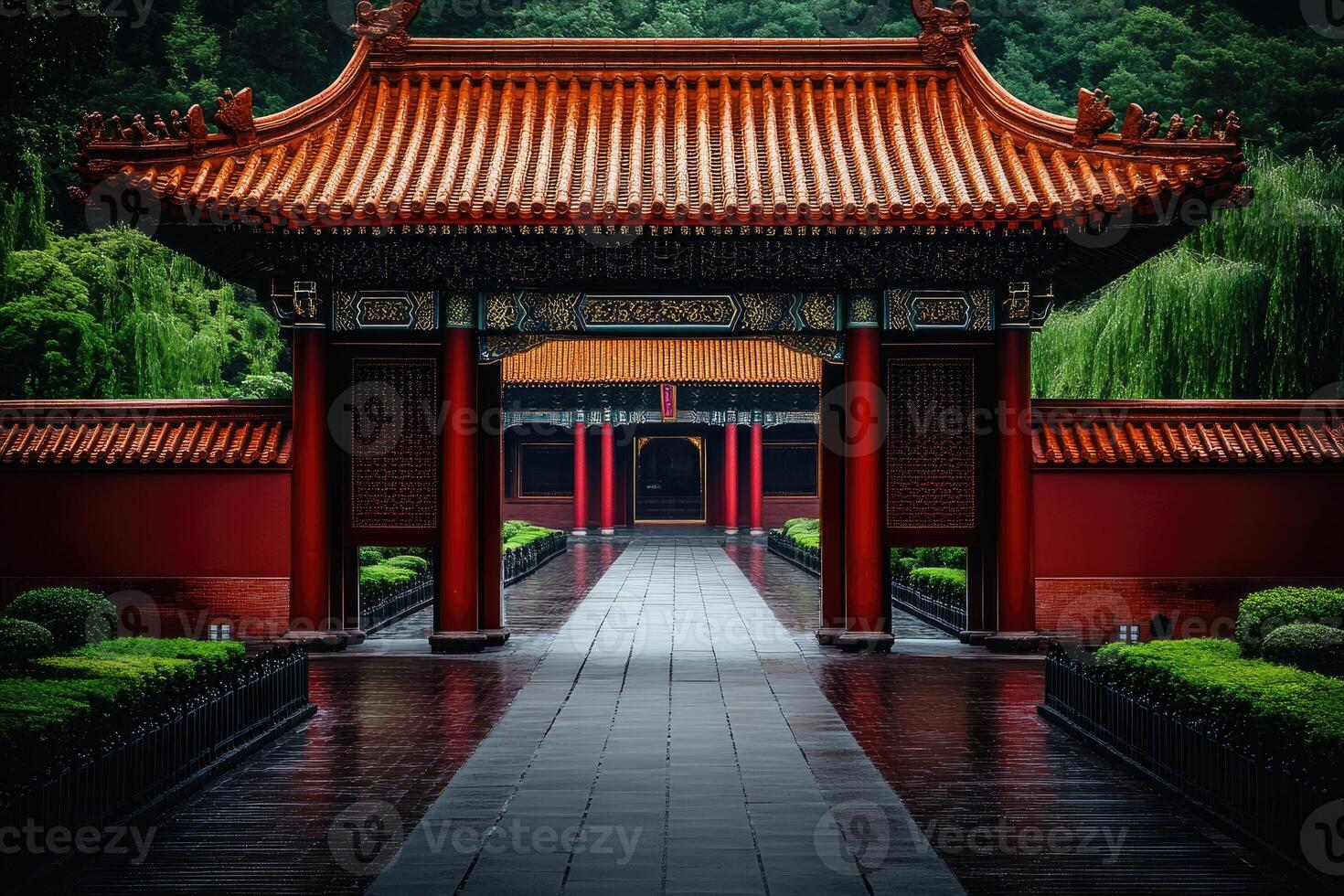 Majestic chinese temple gate showing traditional architecture after rain photo