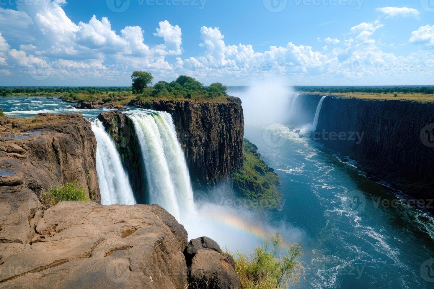 Victoria falls cascading down creating a rainbow and mist in livingstone, zambia photo