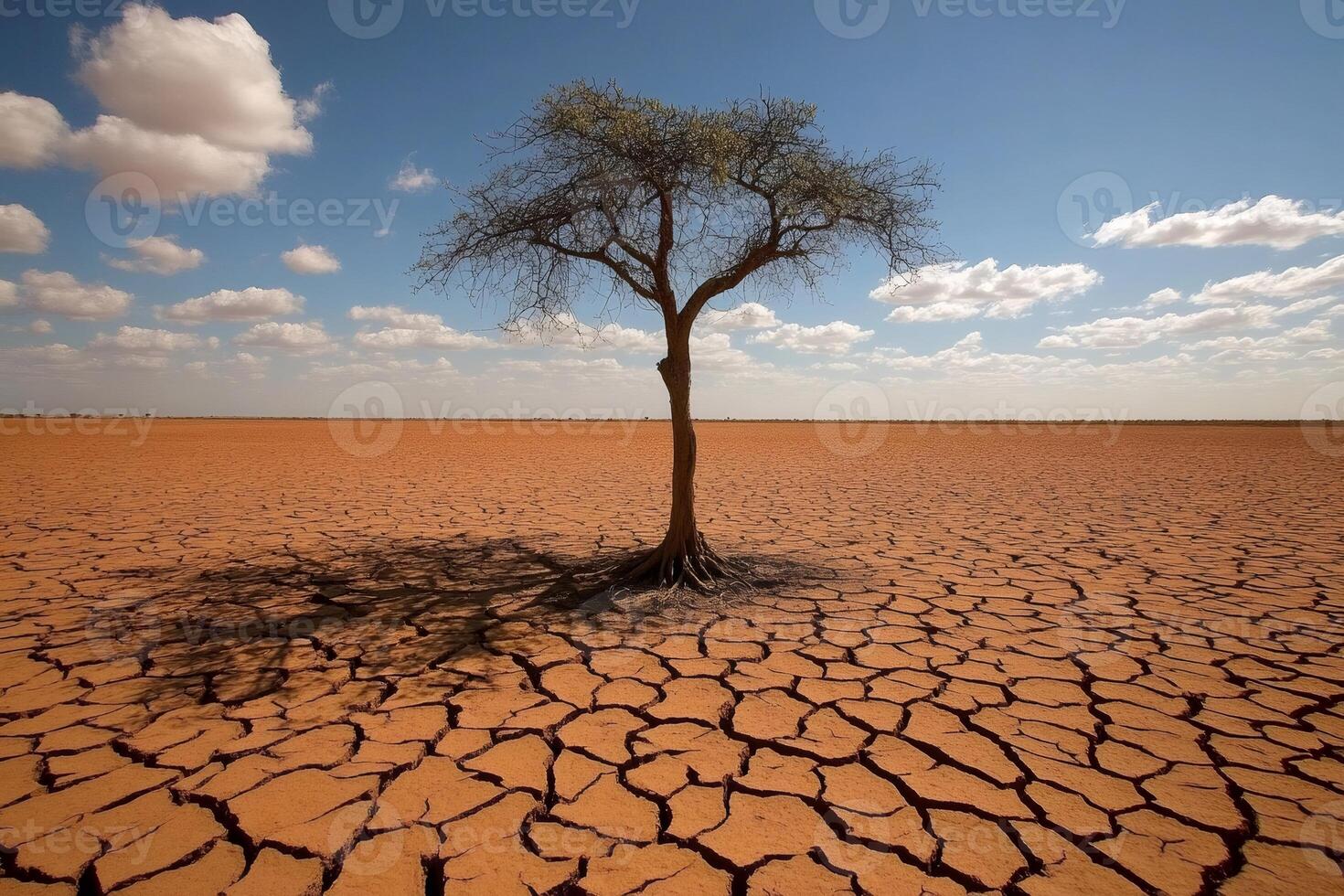 Lonely tree surviving in cracked desert soil under blue sky photo