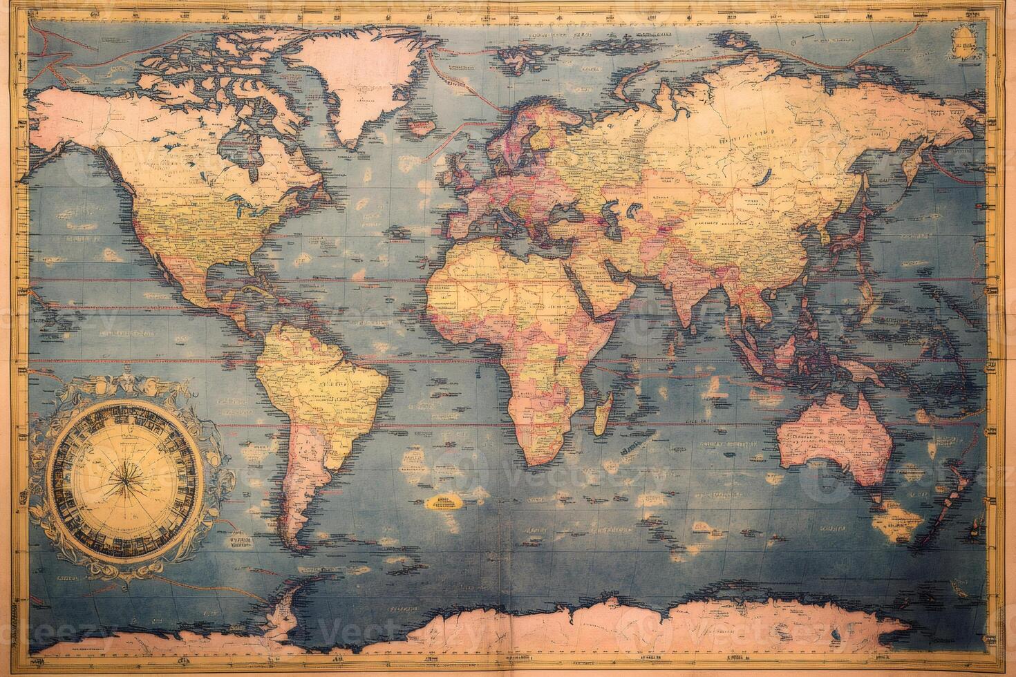 Vintage world map showing countries, continents and oceans photo