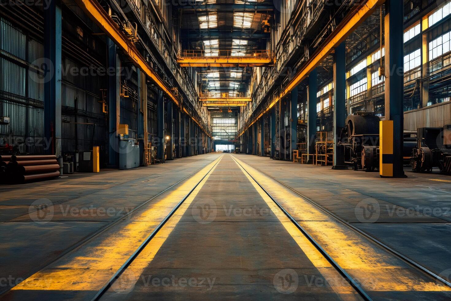 Rails guiding through industrial warehouse with metal pipes and machinery photo