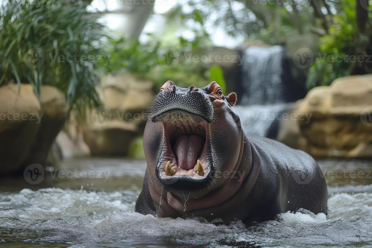 Hippopotamus opening its mouth wide in river with waterfall in background photo