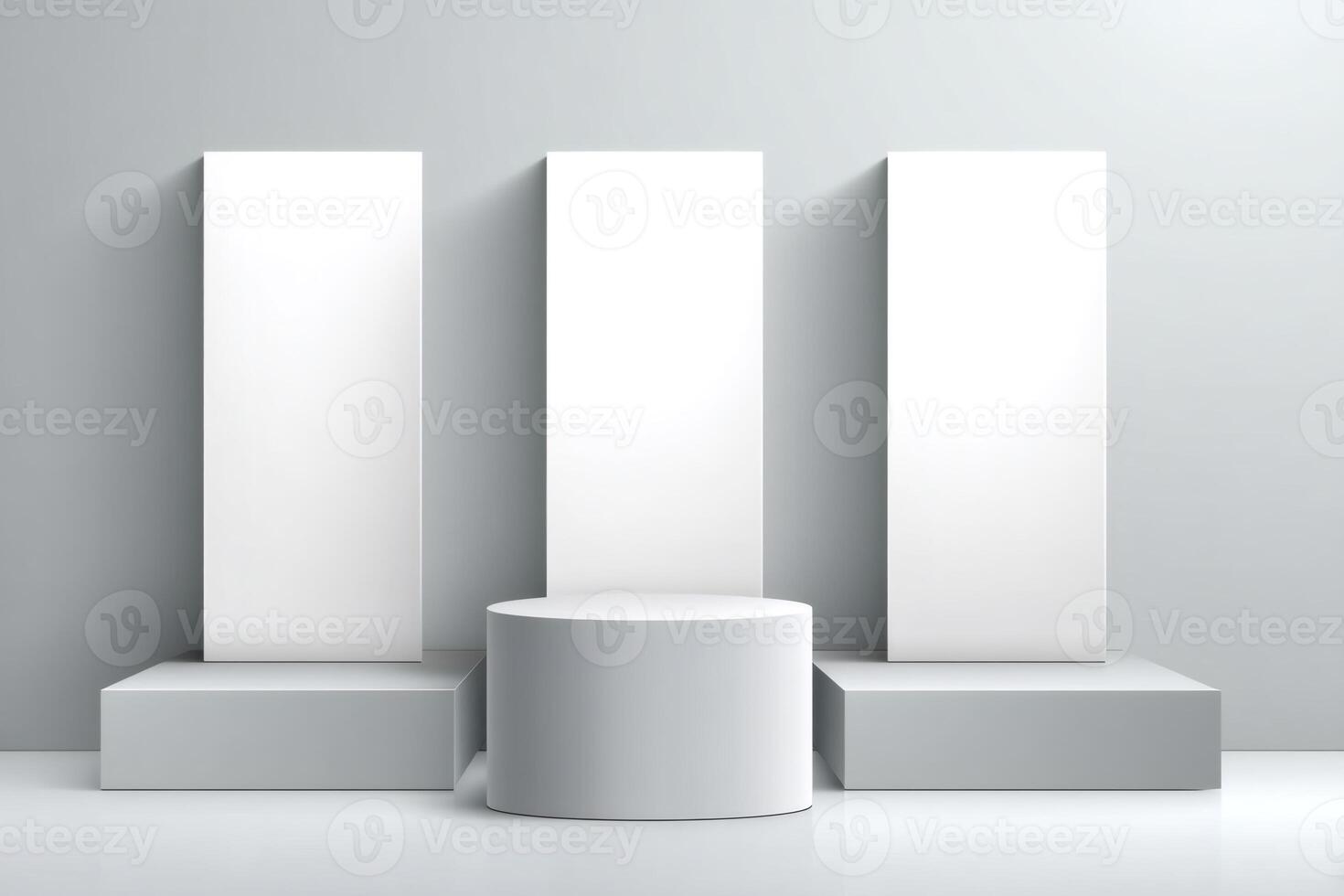 White cylinder podium with white backdrops for product presentation displaying marketing template photo