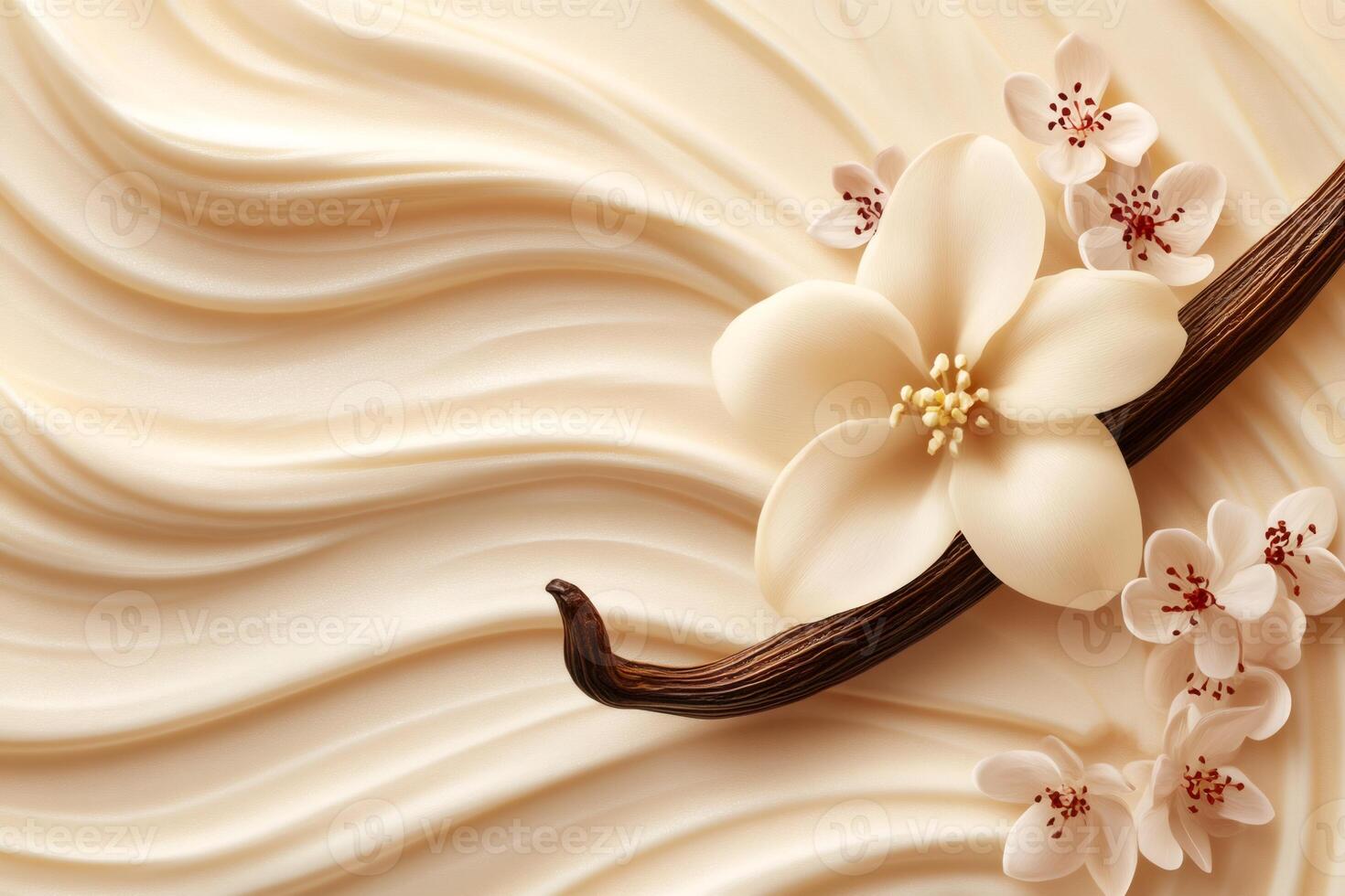 Vanilla pod and flowers resting on creamy swirls background photo