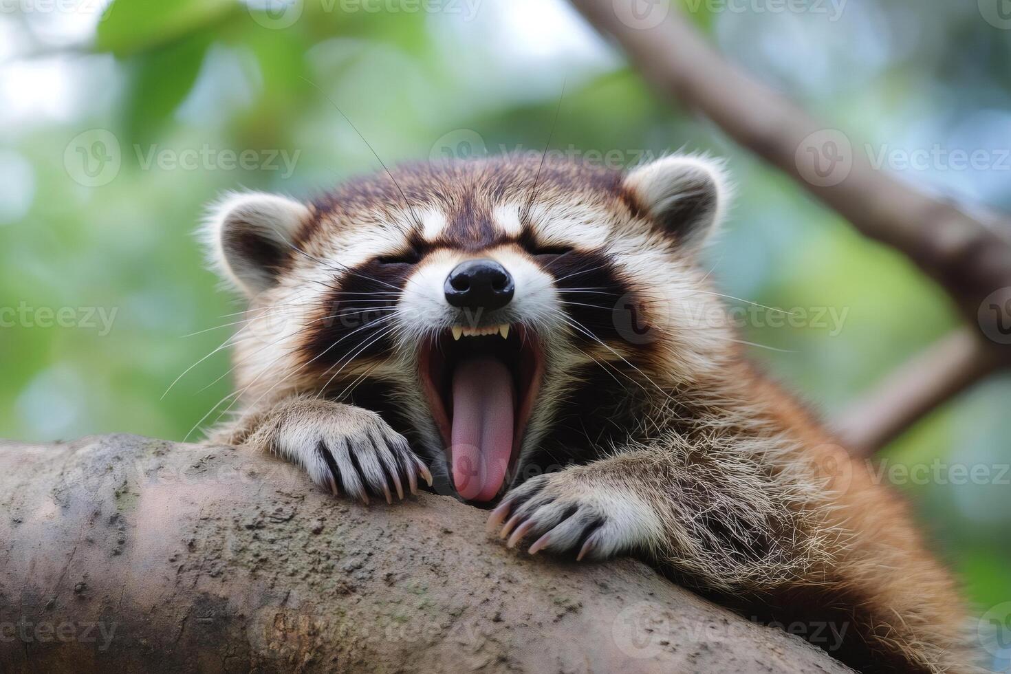 Raccoon yawning while relaxing on a tree branch photo