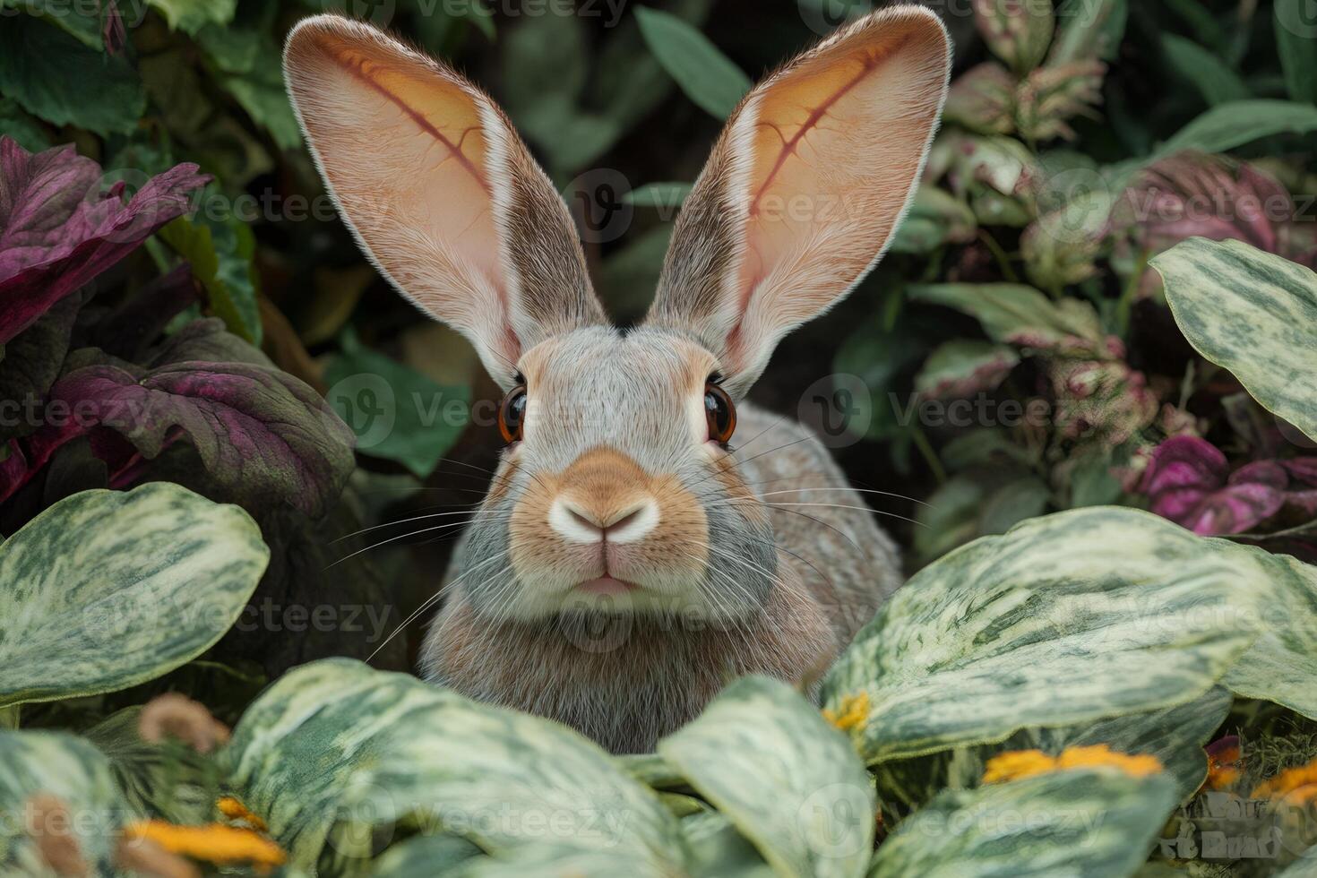 Curious rabbit hiding in lush green foliage photo