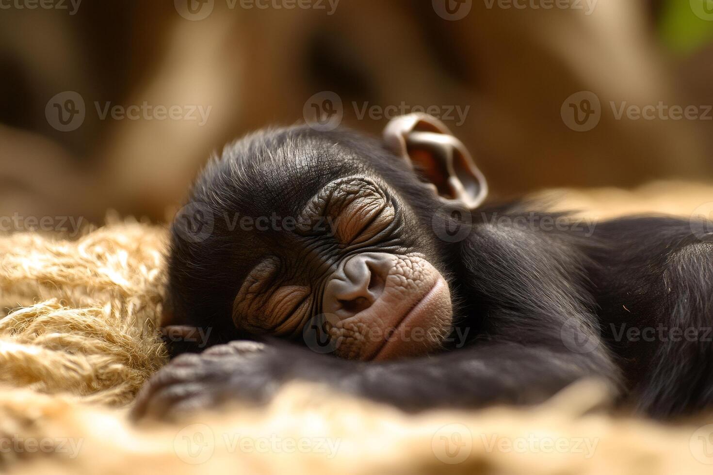Baby chimpanzee sleeping peacefully on soft blanket photo
