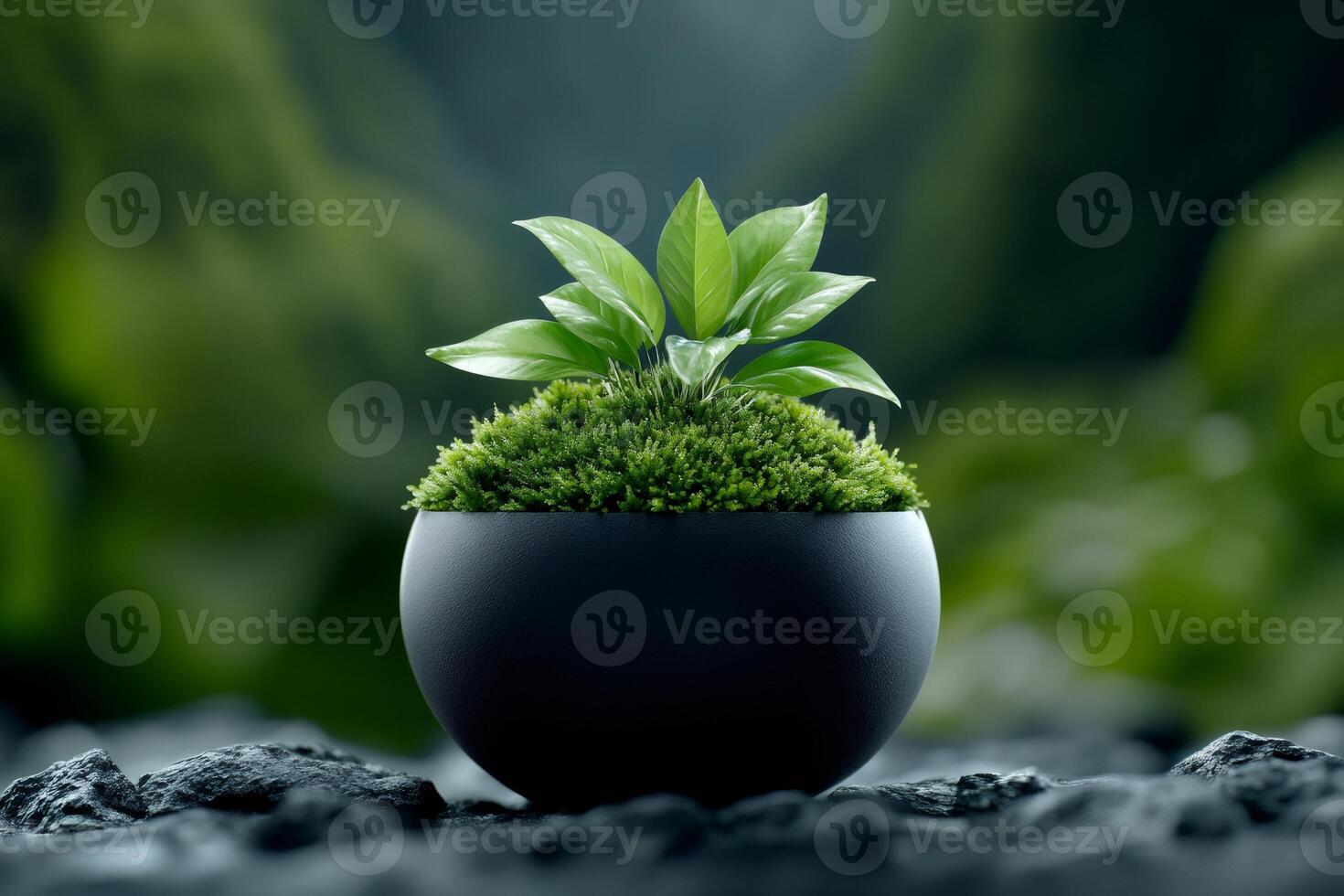 Small plant growing in a pot with moss symbolizing environmental conservation photo