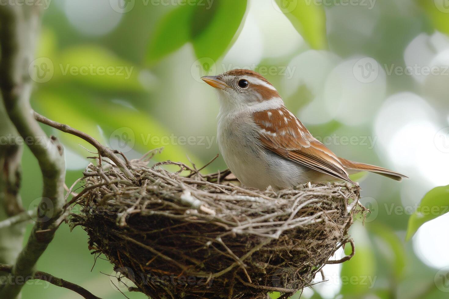 Chipping sparrow perching on nest in tree branch photo