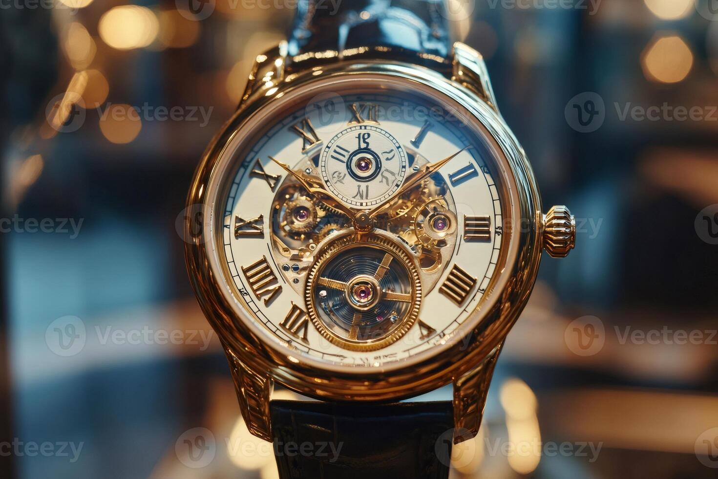 Luxury skeleton watch showing its intricate mechanism and roman numerals photo