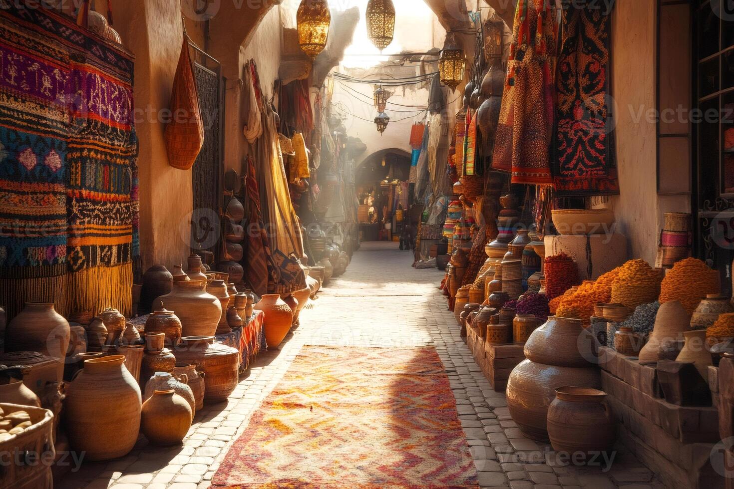 Sunlight illuminating moroccan bazaar with rugs, pottery, and spices photo