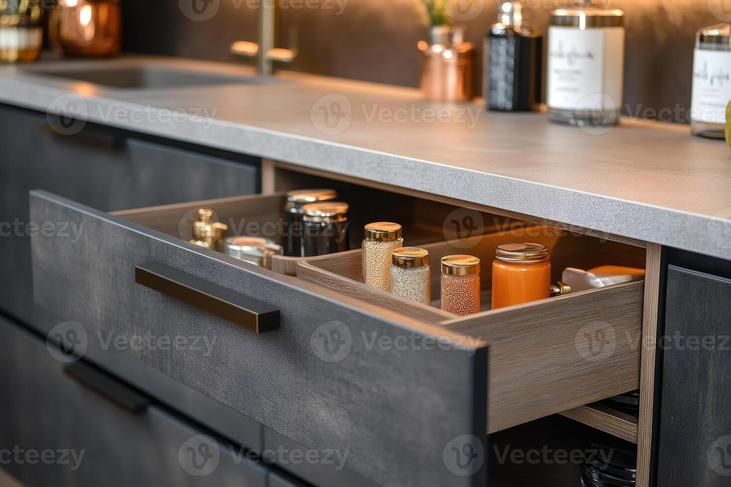 Organized kitchen drawer with spice jars and candles photo