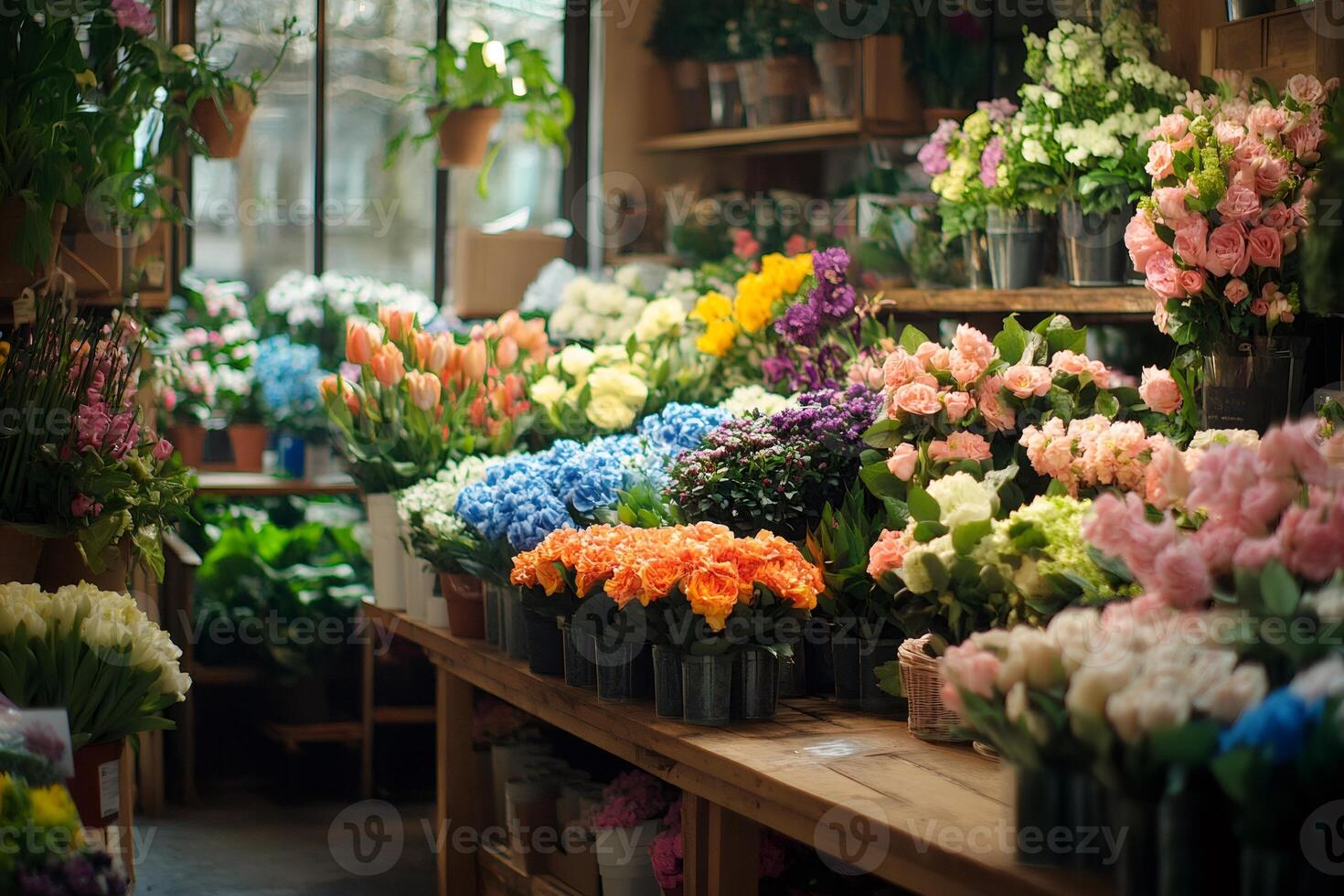 Colorful fresh flowers displayed on wooden shelves in flower shop photo
