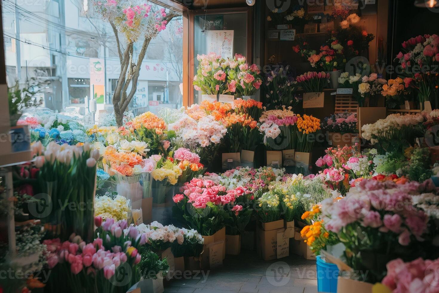 Vibrant flower shop display with colorful bouquets photo