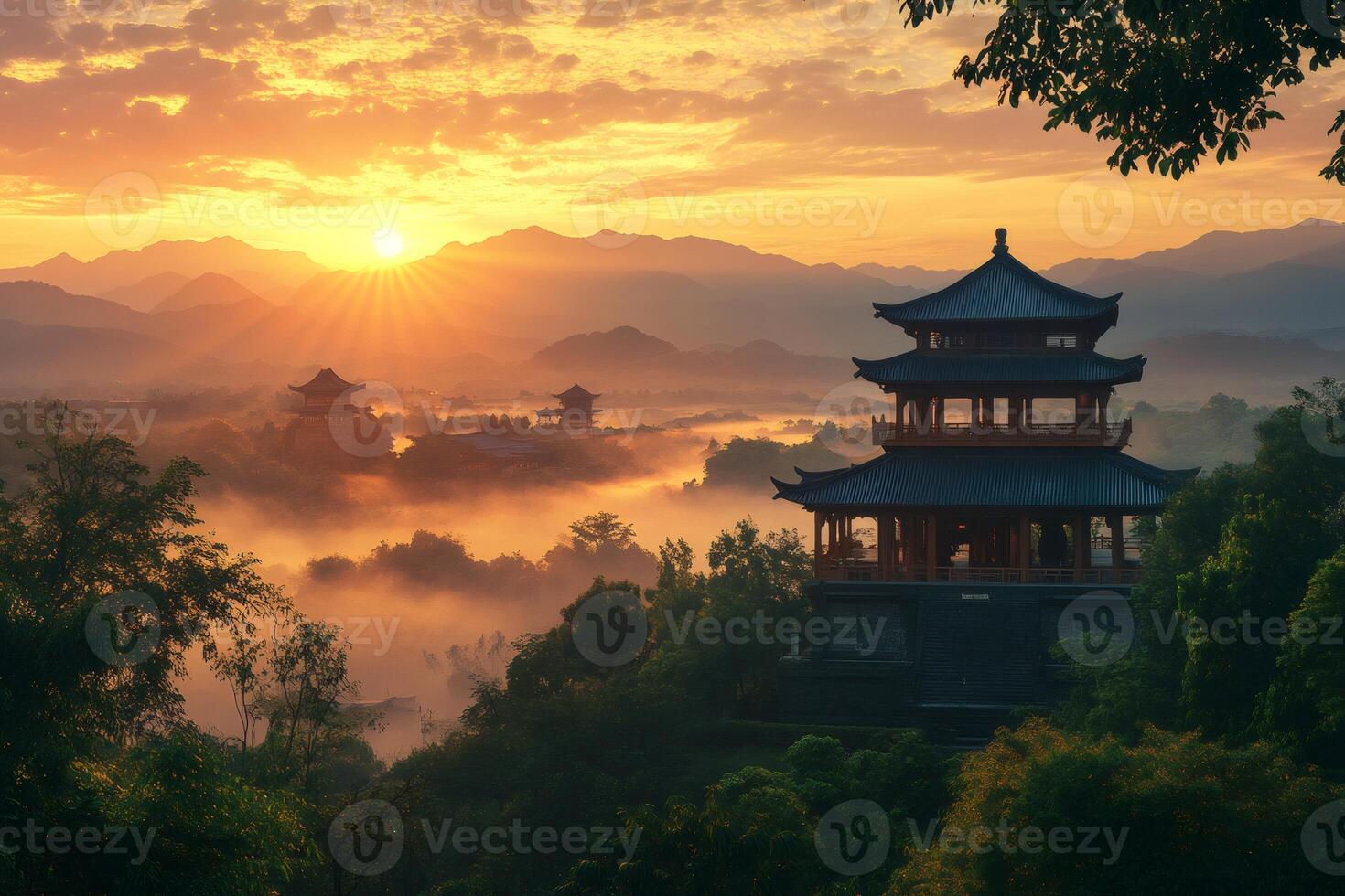 Ancient chinese pagoda emerging from misty valley at sunrise photo