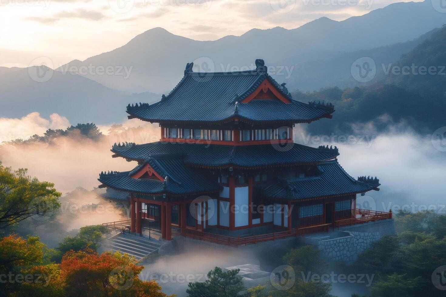 Kiyomizu dera temple emerging from the morning mist at sunrise in kyoto, japan photo