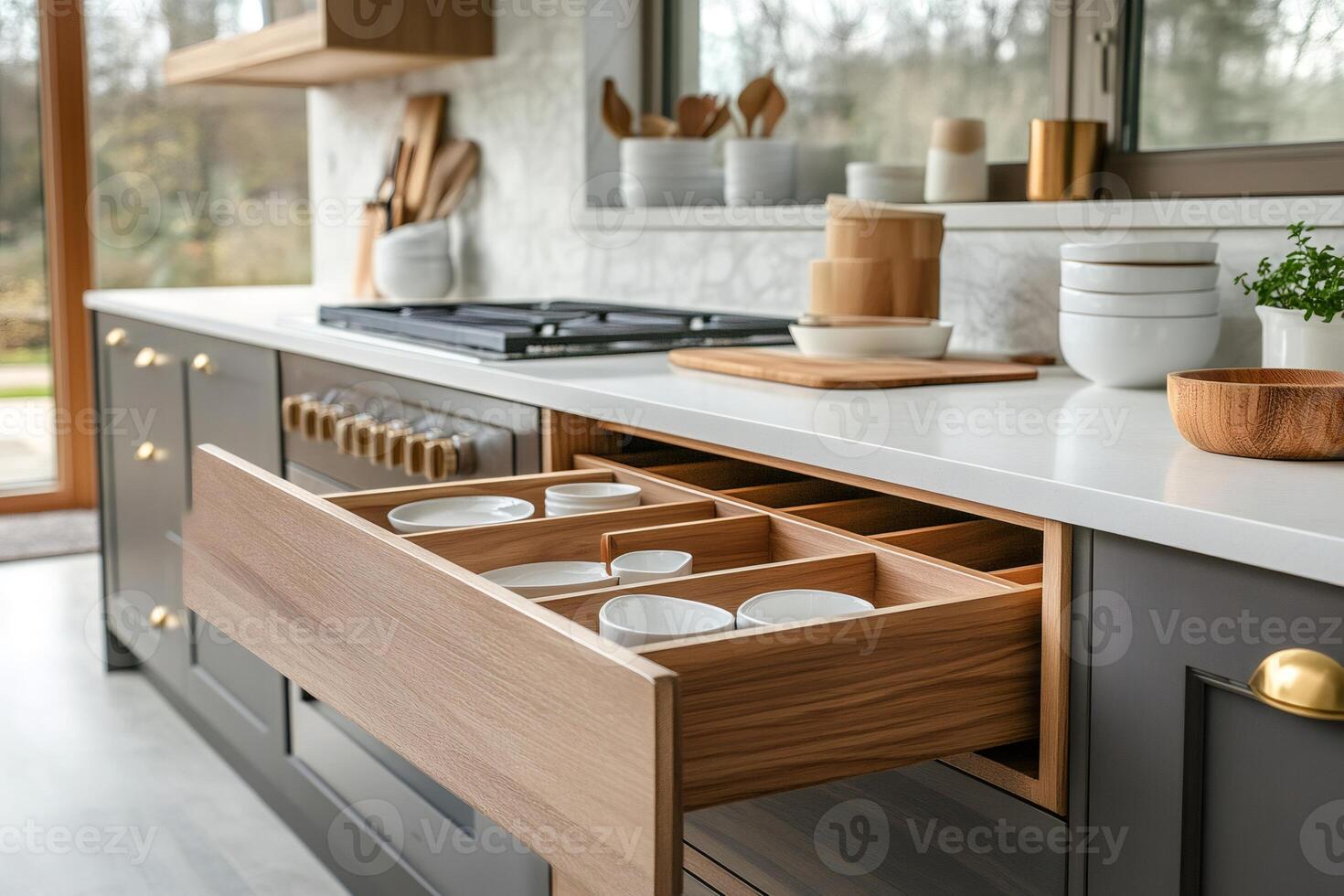 Modern kitchen countertop with open wooden drawer showing organized dishes photo