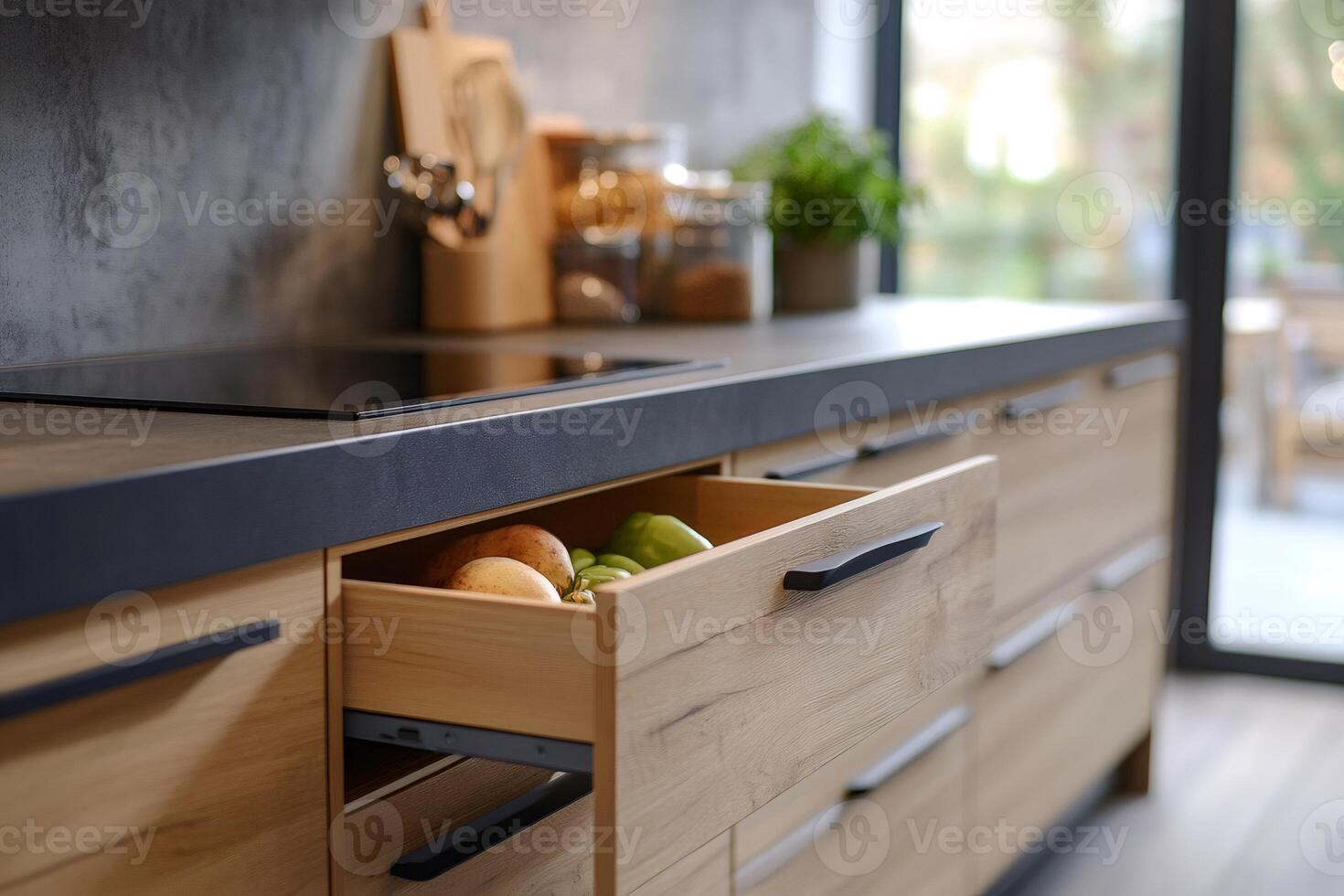 Modern kitchen showing open drawer with fresh produce and induction stovetop photo