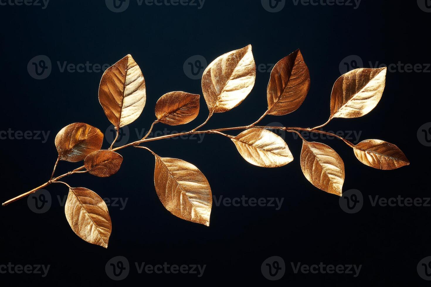 Golden branch shining on dark background, luxurious nature concept photo