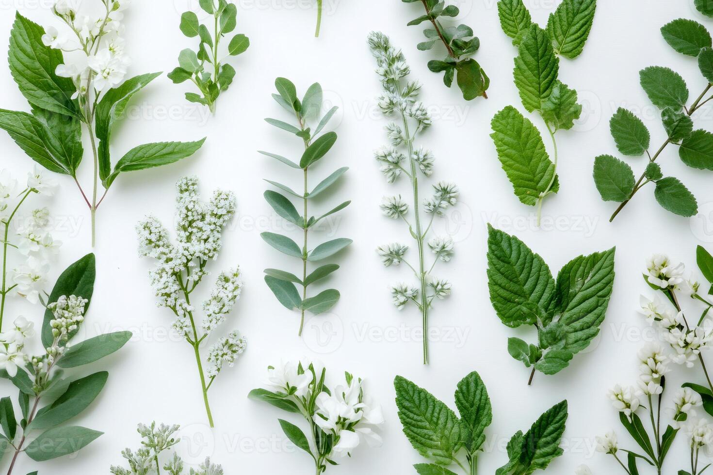 Various greenery and flowers arranged on white background photo