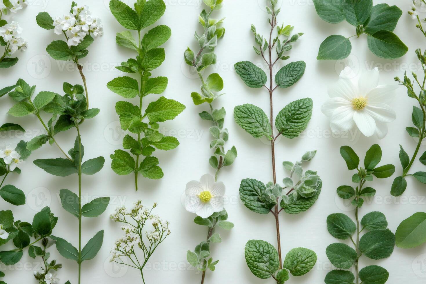 Various greenery and white flowers arranged on surface photo