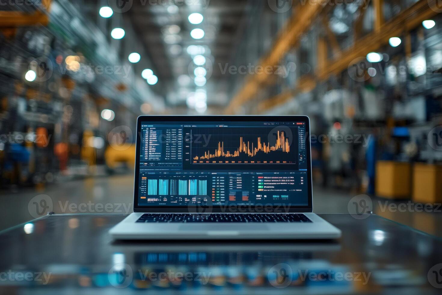 Laptop showing statistics and data analytics in industrial factory setting photo