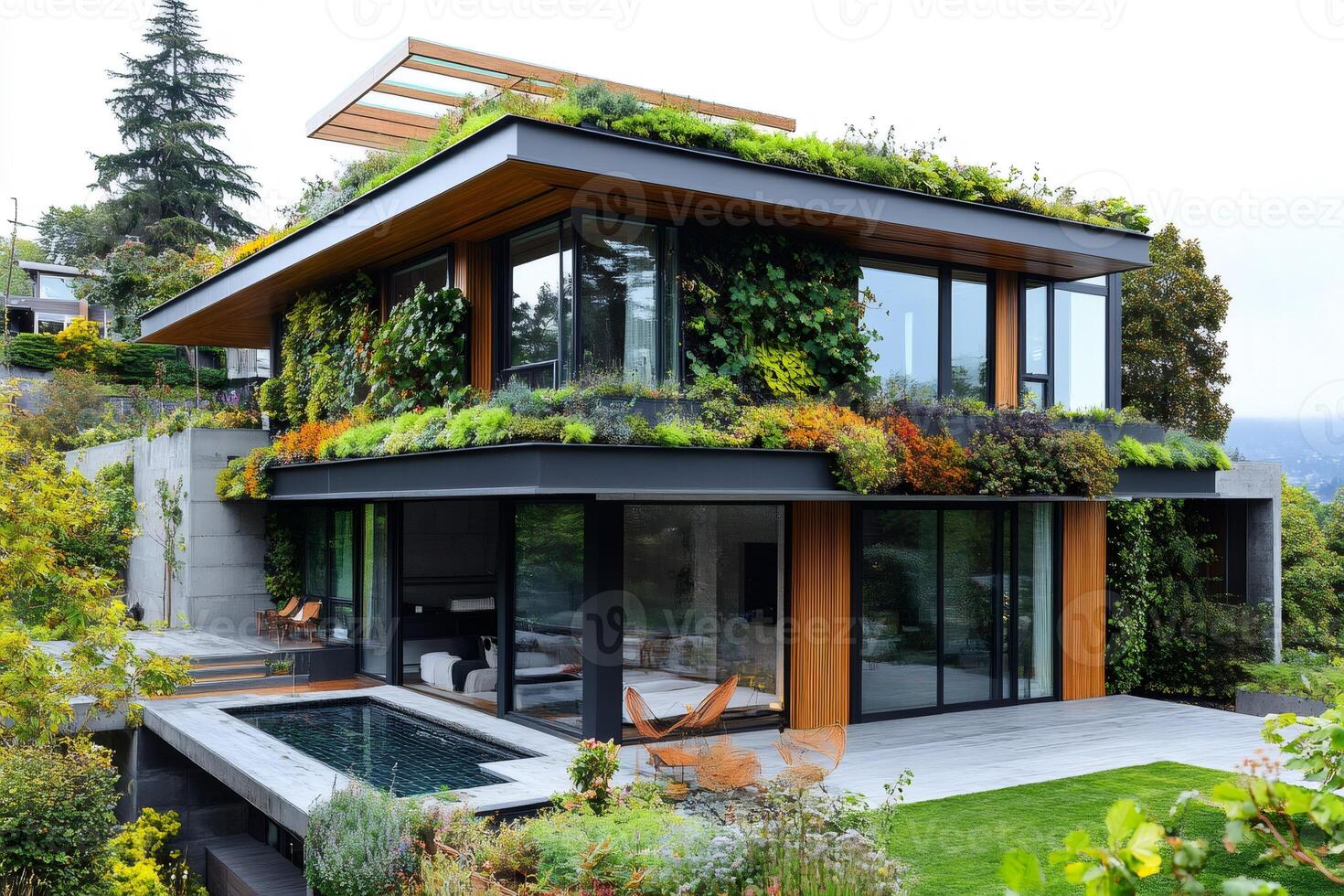 Modern green building showing sustainable architecture and gardening.. photo