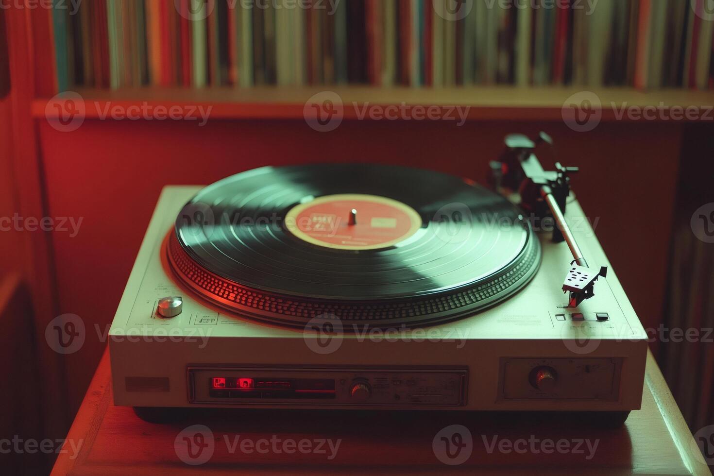 Vintage turntable playing vinyl record in retro setting photo