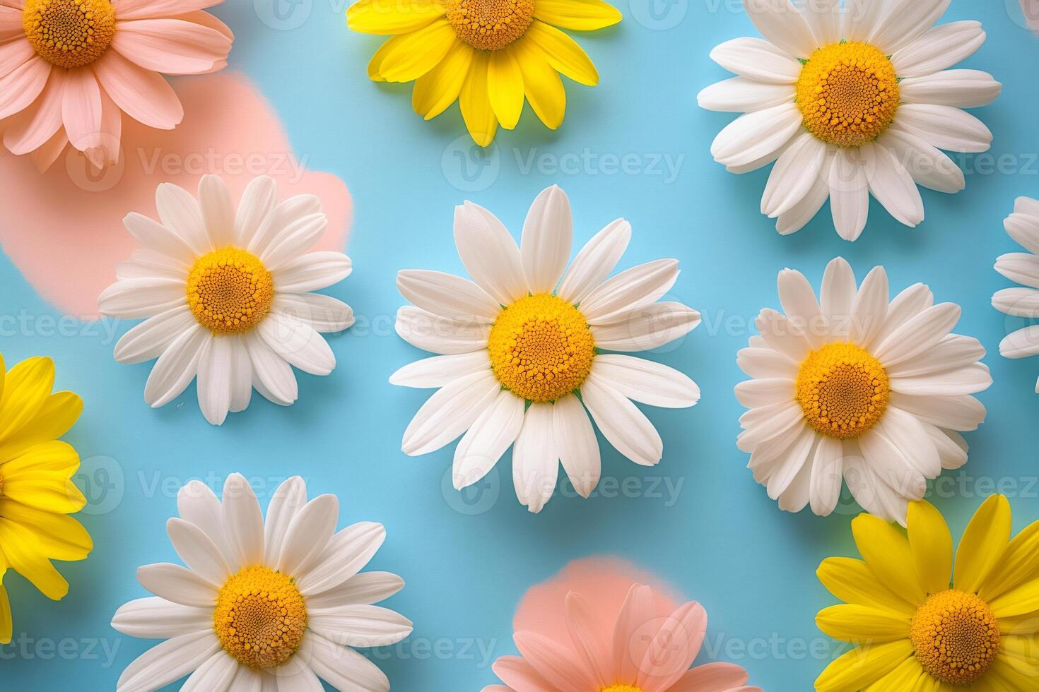 Colorful daisies pattern creating a cheerful summer vibe on blue background photo