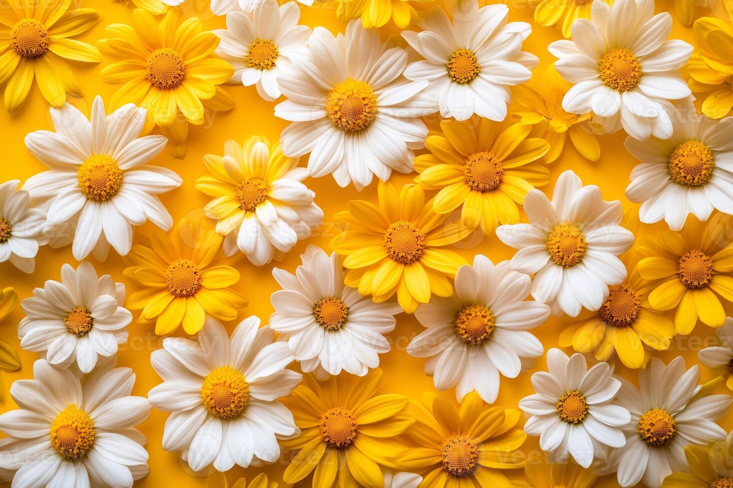 White and yellow daisies creating a floral background on vibrant yellow surface photo