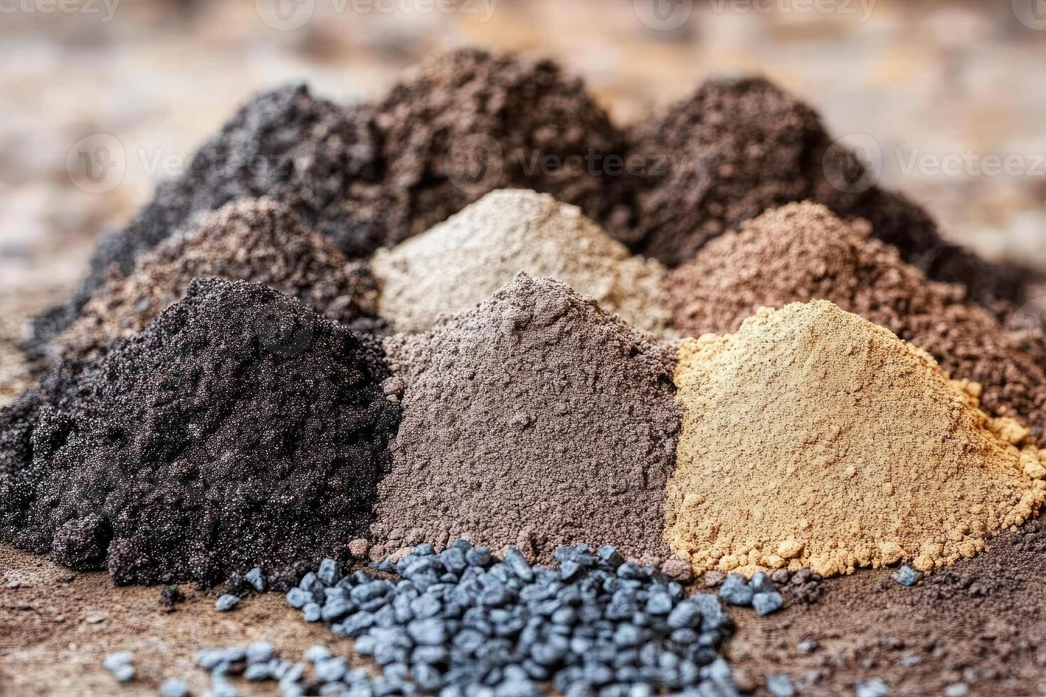 Different soil types and mineral fertilizers presenting variety of textures and colors photo