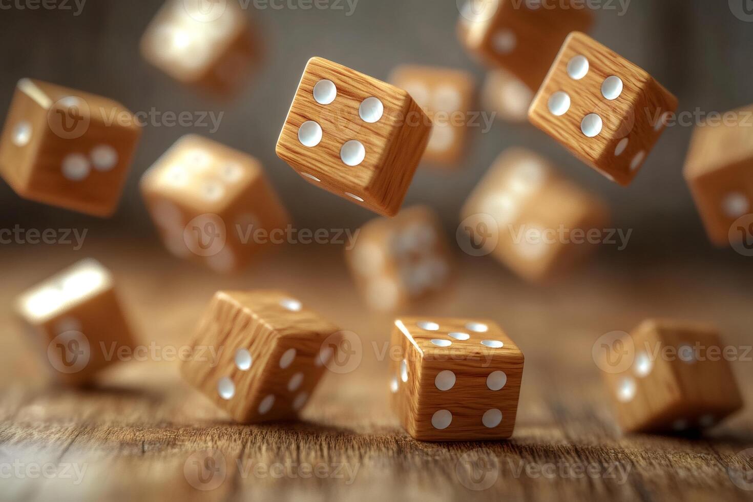 Wooden dice falling on a table gambling and risk concept photo
