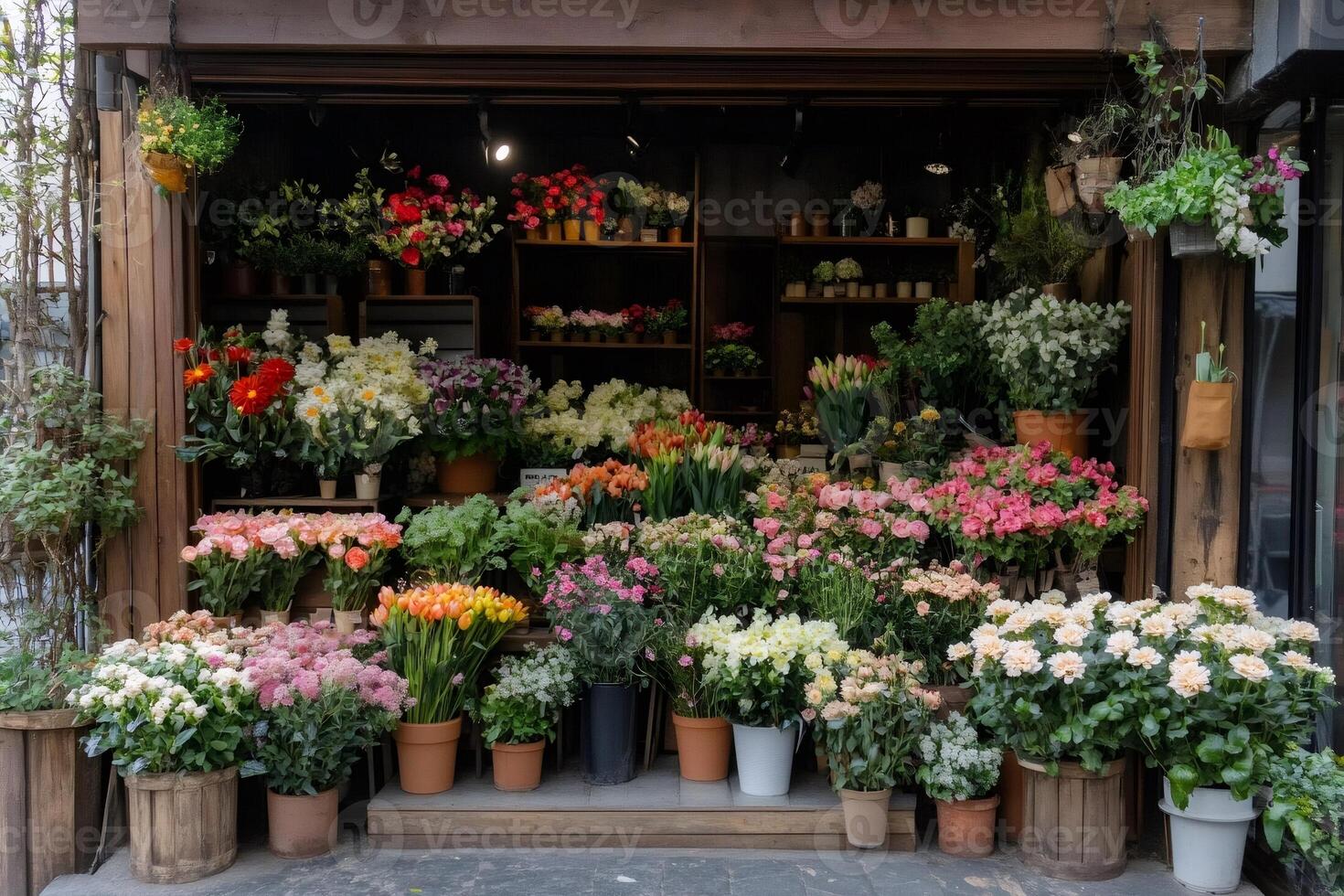 Vibrant flower shop displaying colorful blooms... photo