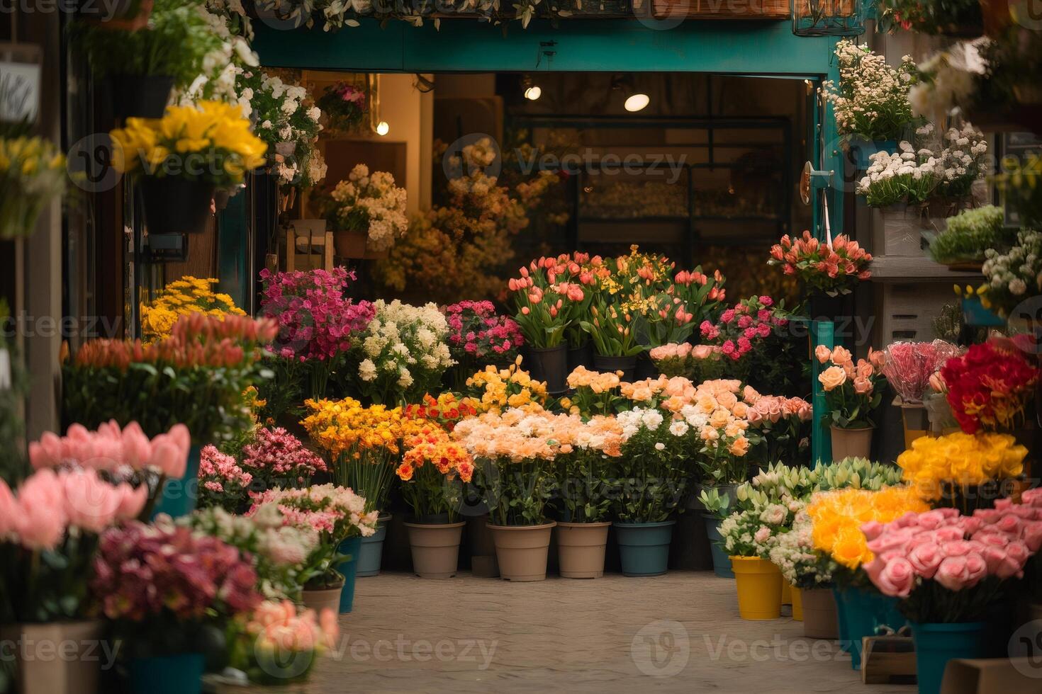 Vibrant floral display in urban flower shop photo