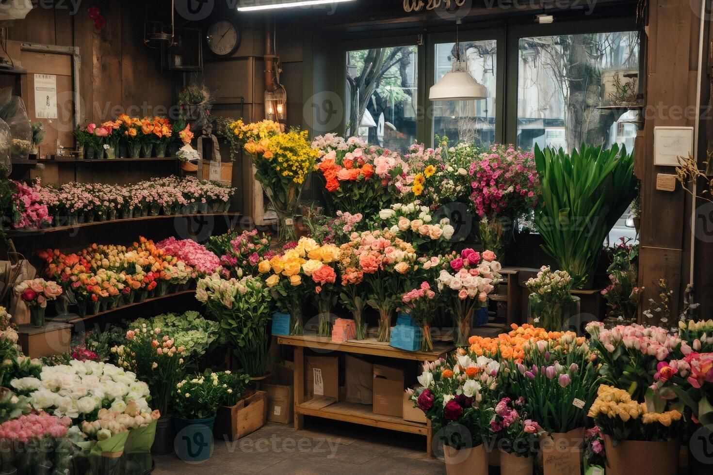 Vibrant flower shop display with diverse blooms photo