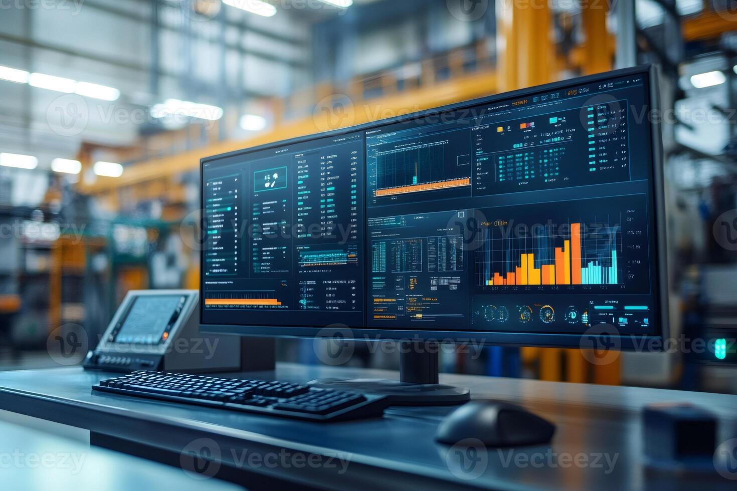 Modern workplace showing statistics and data on computer screen in factory photo