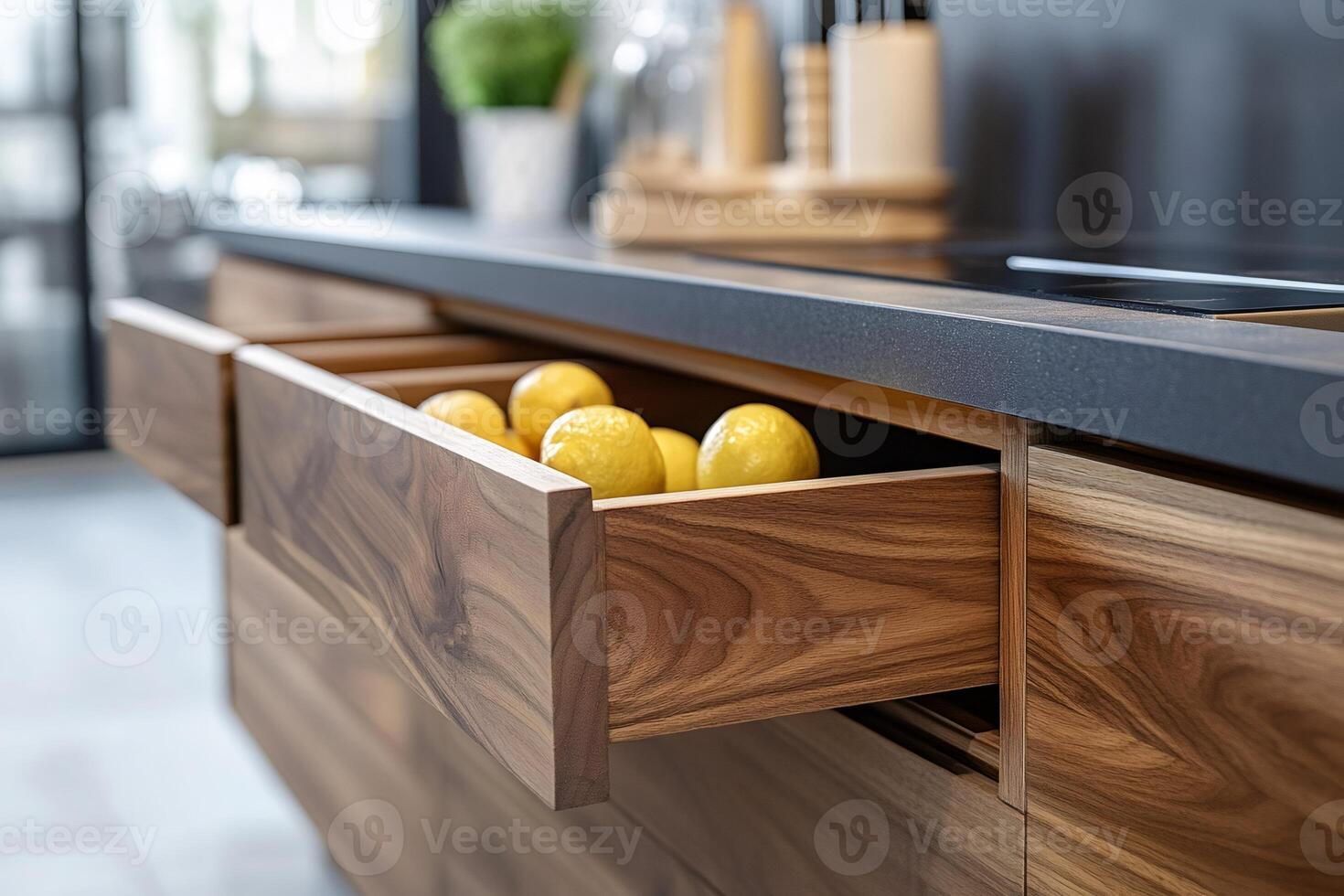 Modern kitchen drawer filled with fresh lemons photo