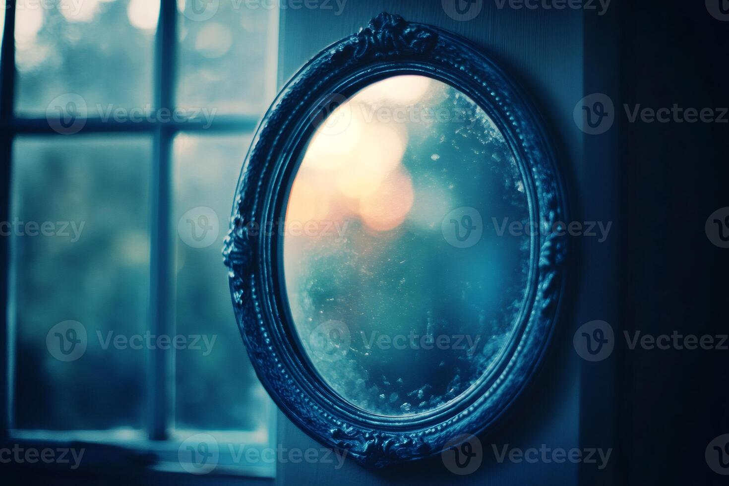 Old oval mirror reflecting sunset light through window photo