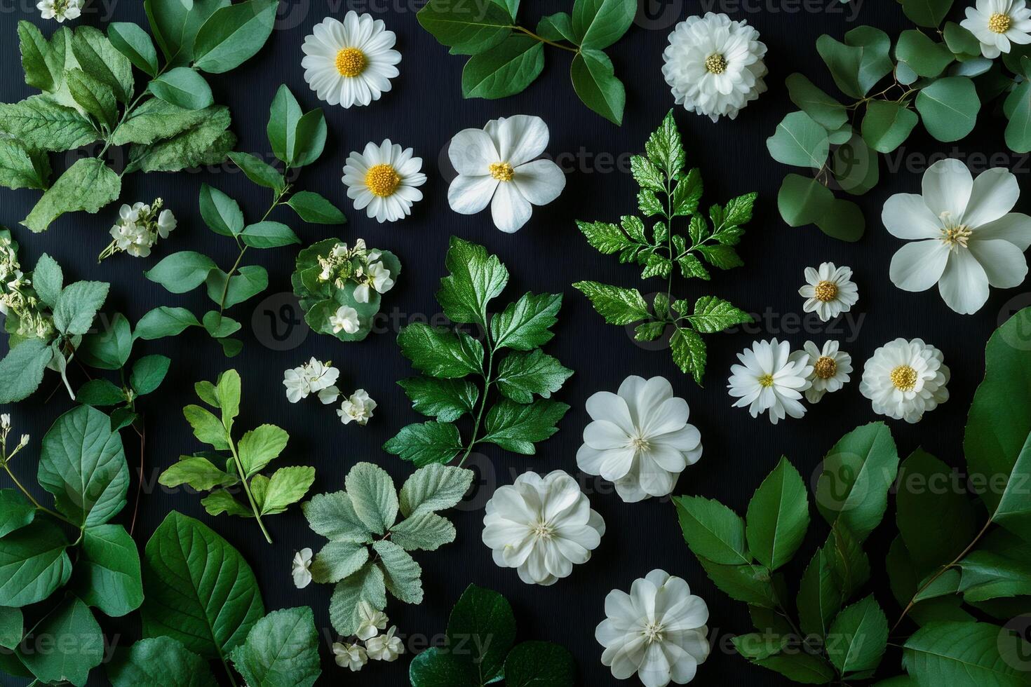 Diverse arrangement of green leaves and white flowers photo