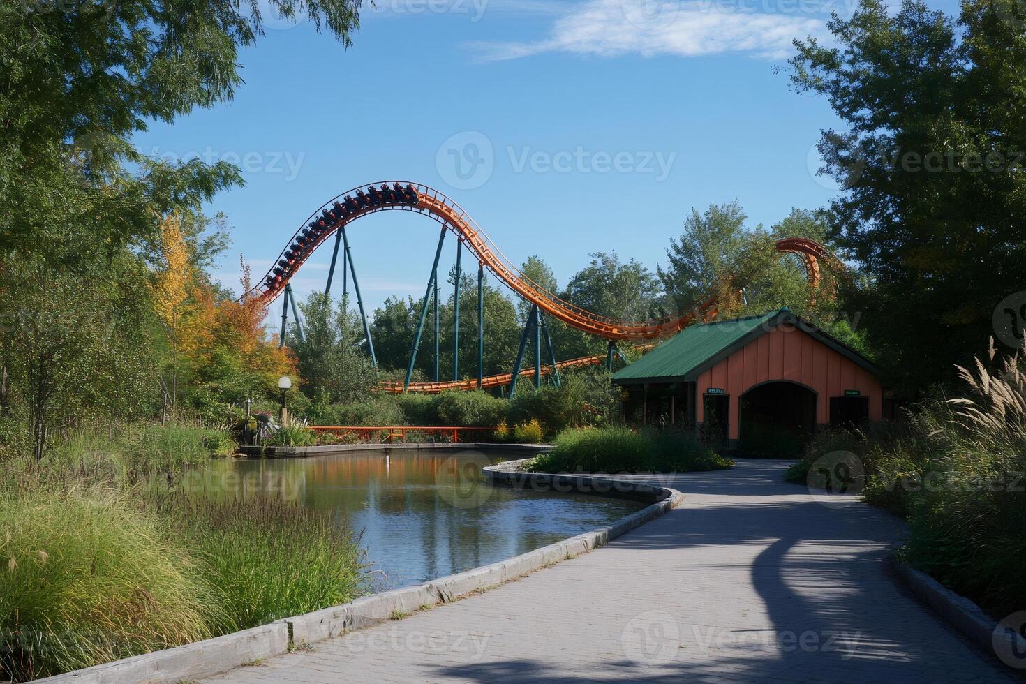 Orange rollercoaster passing over artificial lake in amusement park photo
