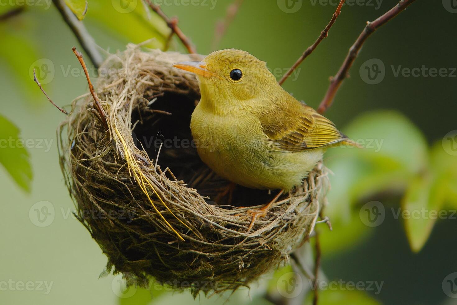 Small yellow warbler resting in its nest on a branch photo